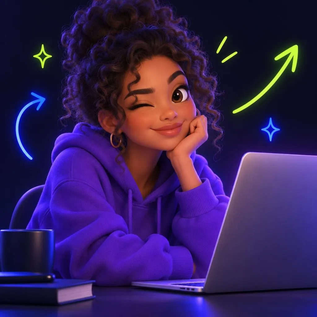 Illustration of a young woman smiling and winking beside a laptop
